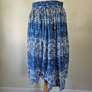 Vintage 90s‎ Indian Cotton Gauze Dimanche Blue Floral Midi Skirt Elastic L Large